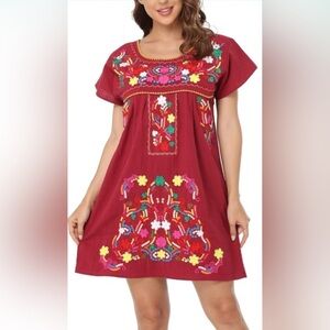 YZXDORWJ Mexican Dress Maroon w/ multicolor floral embroidery Boho Fiesta